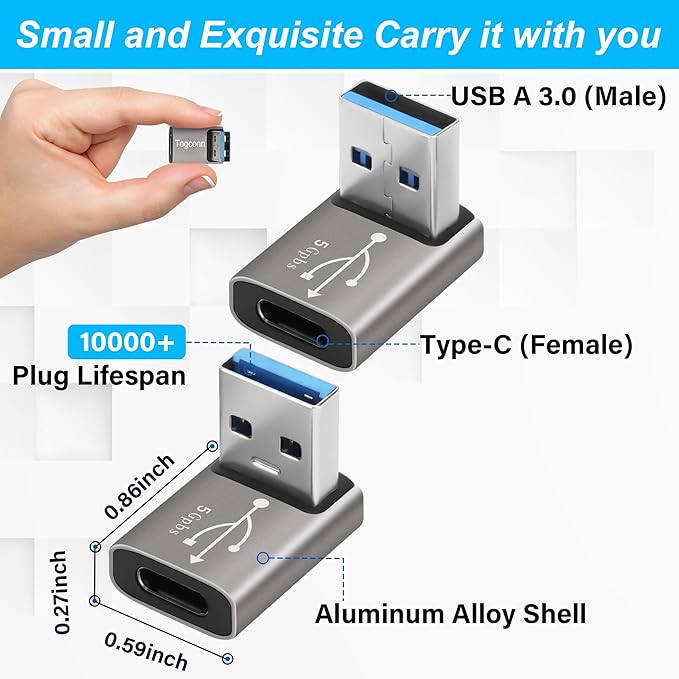 Right Angle USB A 3.0 Male to USB C Female 4 Pack