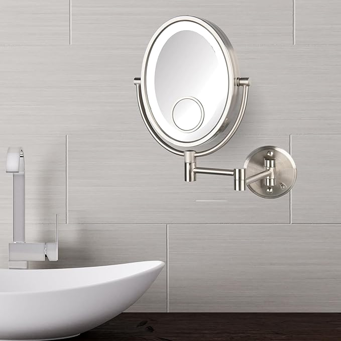 JERDON Two-Sided Wall-Mounted Makeup Mirror with Lights - Lighted Makeup Mirror with 10X Magnification & Wall-Mount Arm - Oval Mirror with Nickel Finish Wall Mount - Direct Wire - Model HL9515NLD