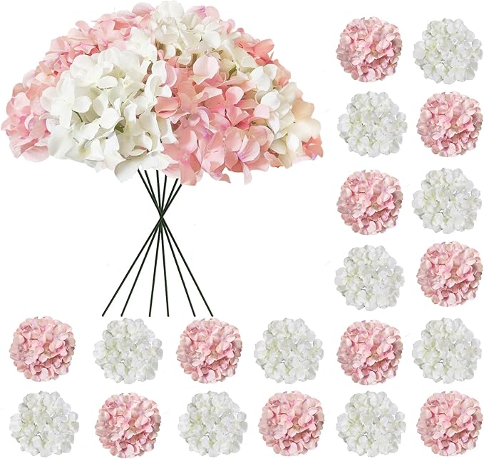 20 Pcs White and Pink Hydrangea Artificial Flowers Bulk, Faux Hydrangea Flowers Heads, Artificial Fake Silk Hydrangea Flowers with Stems, White Flowers Artificial for Decoration Wedding Décor