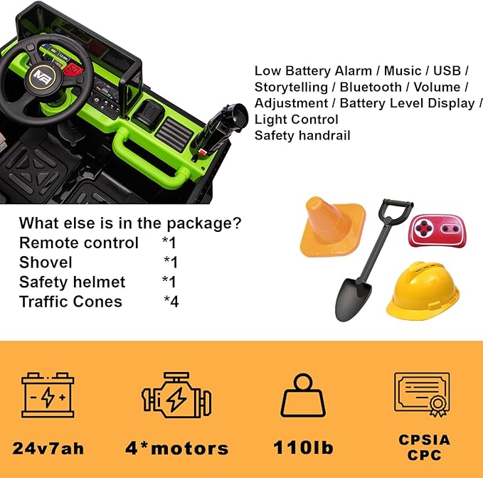 24V Ride On Dump Truck, 24inch-2 Seater Ride On Car for Kids w/Remote Control 4WD/2WD Up to 5 Mph, 24v Ride on Toys for Big Kids w/Electric Dump Bed Extra Shovel Traffic Cones (Green)