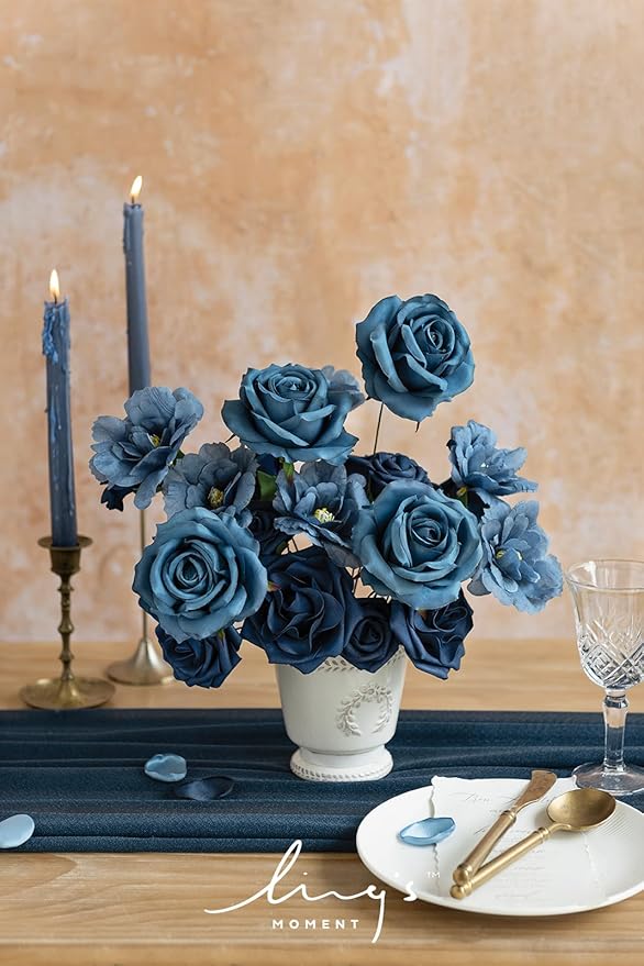 Ling's Moment Artificial Flowers Fake Silk Poppy Faux Foam Roses Combo for DIY Wedding Bouquets Centerpieces Arrangements Bridal Shower Party Home Decorations, Nautical Navy, 25pcs