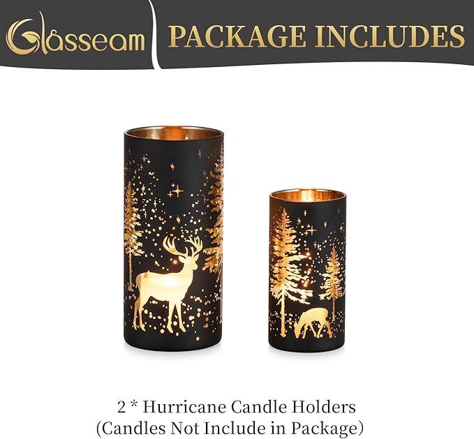 Glasseam Christmas Hurricane Candle Holder: 2 Pcs Black Candle Holders for Pillar Candles Cylinder Mercury Glass Candle Holder Reindeer Candle Holders for Table Centerpiece Thanksgiving Decorations