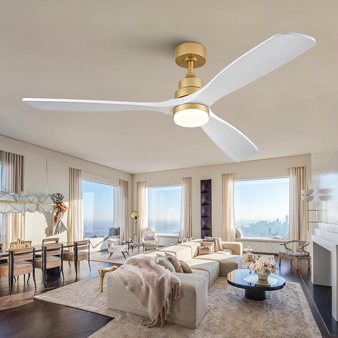 BOJUE 60 Inch Wood Ceiling Fans with Lights and Remote, White Gold Outdoor Ceiling Fan with Light, Dimmable 3 Blades Outdoor Fans for Patios Noiseless Modern Ceiling Fans for Bedroom Living Room