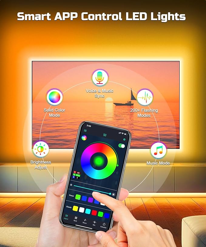 Daymeet LED Lights for TV, 23ft TV LED Lights for 75-100 inch,RGBICW TV Backlight Behind,USB Led Light Strip for Color Changing Music Sync Bluetooth APP Control for Bedroom