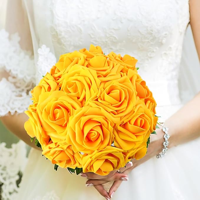 MACTING Artificial Yellow Rose Flowers 30PCS Real Touch Foam Roses with Stem Fake Flowers for DIY Table Centerpieces Bouquets Wedding Party Holiday Home Spring Mothers Day Decorations