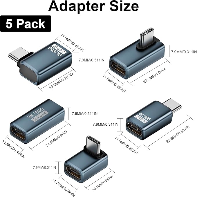 Poyiccot 80Gbps USB C 90 Degree Adapter【240W Charging/ 8K@60Hz Video】 90 Degree USB C Adapter Right Angle Type C Extender Compatible for Thunderbolt 5/4, iPhone 16, Steam Deck,5-Pack