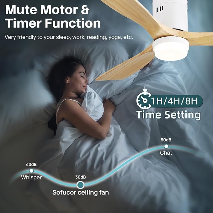 Sofucor Ceiling Fan with Lights-52 Inch Flush Mount Ceiling Fan with Light and Remote Control, Low Profile Wood Blades Modern Outdoor Ceiling Fans for Bedroom/Farmhouse/Patio/Indoor, Quiet DC Motor