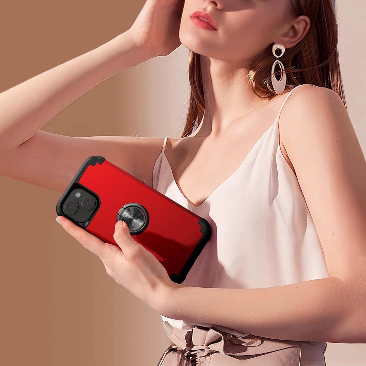 IDweel iPhone 14 Plus Case: 2-in-1 Shockproof Cover with Screen Protector, 360° Ring Holder, Camera Lens Protector, Red.