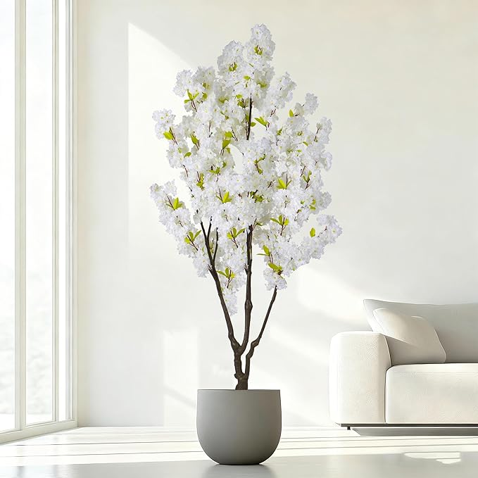 Artificial White Cherry Blossom Tree 6ft(74in) Faux White Flower Tree Indoor Decor Handmade Natural Fake Cherry Tree for Wedding Realistic Cherry Blossom Plant for Home,Living Room,Office Decor