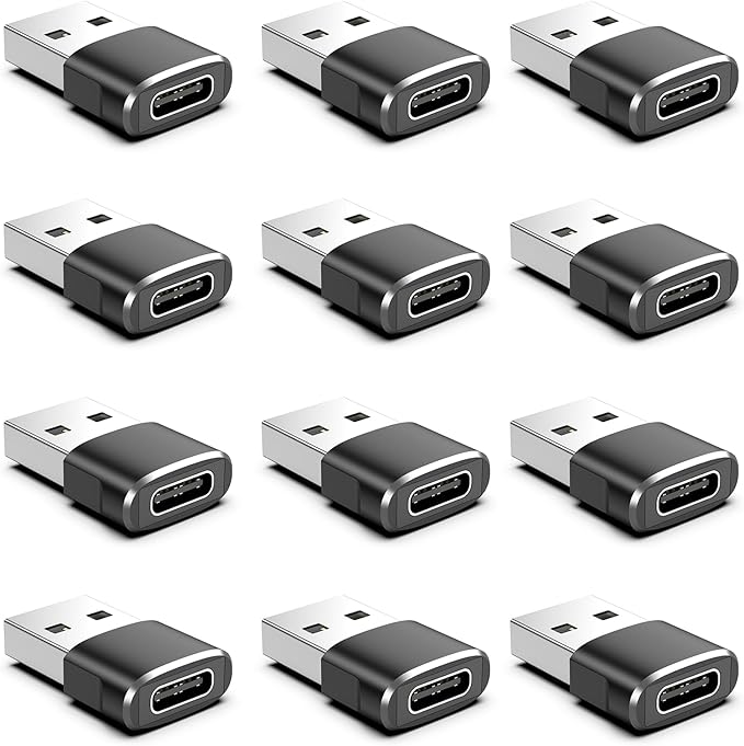 12-Pack USB to USB C Adapter,USBA Male to Type C Female Car Charger Adapter,USBC Converter for iPhone 17 16 Pro Max 15 14 Plus,iWatch Ultra SE 9 10,iPad Air,Samsung Galaxy S25,Car,Xbox,Black