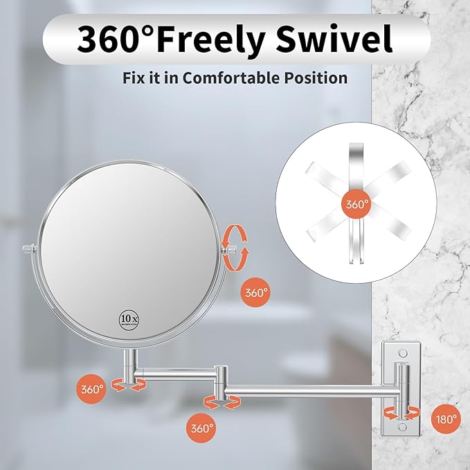 Wall Mounted Makeup Mirror 1X/10x, 8" Double-Sided Swivel Extendable Mirror for Bathroom, Chrome Finish