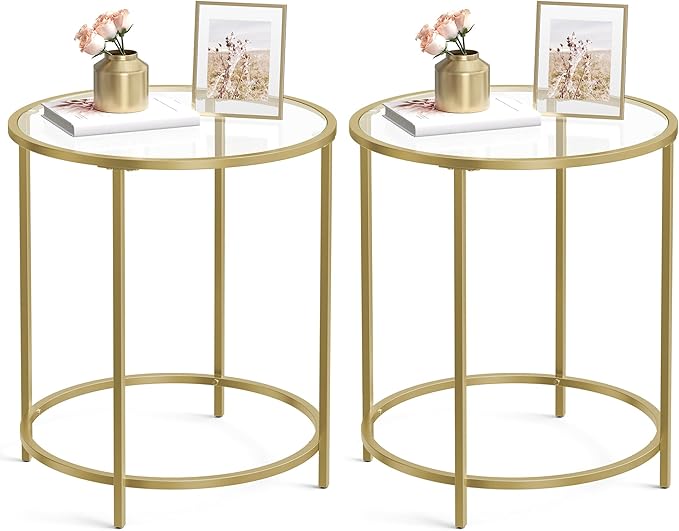 VASAGLE Round Side Tables, Set of 2, Glass End Tables with Metal Frame, Gold Coffee Tables with Modern Style, for Living Room, Balcony, Bedroom, Gold Color
