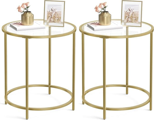 VASAGLE Round Side Tables, Set of 2, Glass End Tables with Metal Frame, Gold Coffee Tables with Modern Style, for Living Room, Balcony, Bedroom, Gold Color