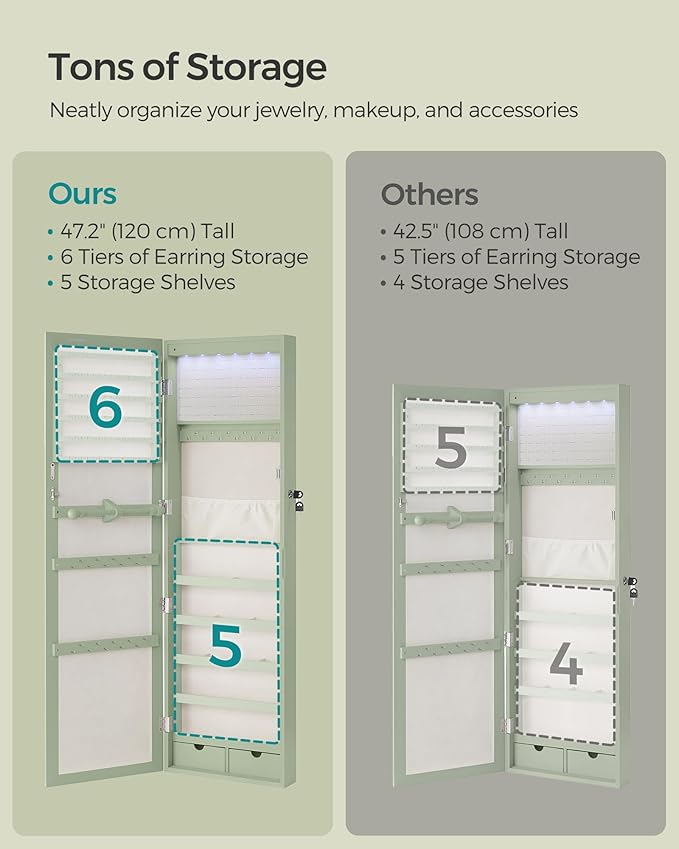 SONGMICS 6 LEDs Mirror Jewelry Cabinet, 47.2-Inch Tall Lockable Wall or Door Mounted Jewelry Armoire Organizer with Mirror, 2 Drawers, Christmas Gift, 3.9 x 14.6 x 47.2 Inches, Laurel Green