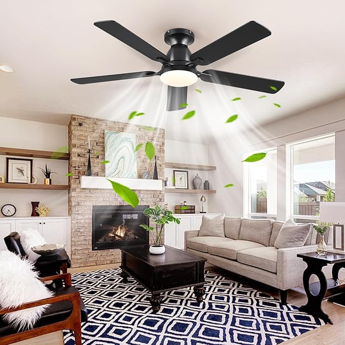 Ceiling Fans with Lights- 52" Low Profile Indoor Ceiling Fan with Light and Remote/APP Control, Flush Mount, LED Dimmable DC Reversible Modern Ceiling Fan for Bedroom（Black）