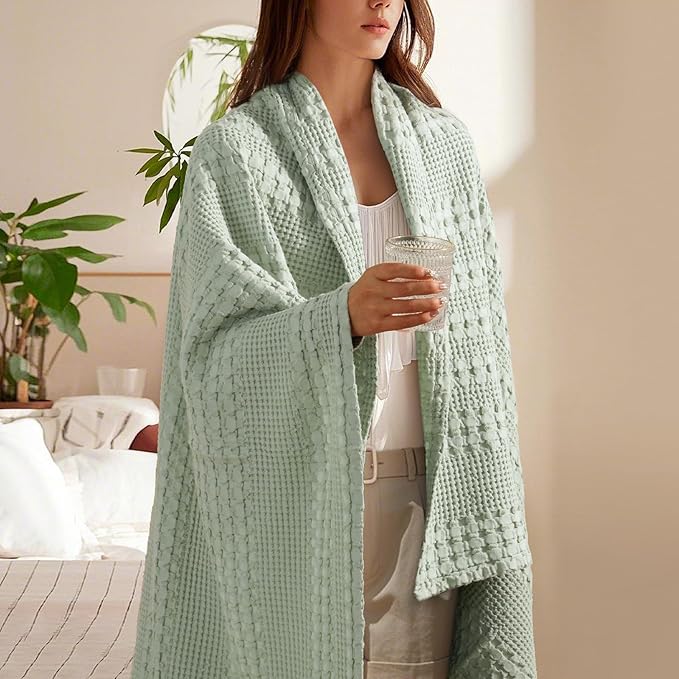 PHF 100% Cotton Waffle Weave Throw Blanket, Soft Lightweight Breathable Cozy Throws for Couch Bed Sofa, Luxury Aesthetic Woven Blanket for Home Decor & Office, 50"x60", Mint Green