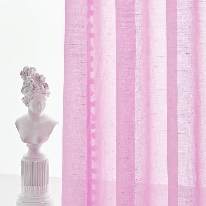 Treatmentex Pink Sheer Curtains for Girls-Room 108inch Long Window Drapes with Cute Pom Pom Design for Salson Party Ceremony Birthday Décor 52" w X 2 Pack