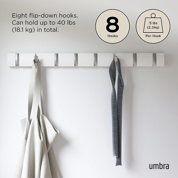 Umbra Flip Wall-Mounted Coat Rack Rail Hook for Hats, Jackets, Bags and More – Modern, Space-Saving Storage Organizer for Entryway, Mudroom, Closet, Bathroom, Bedroom, Kids Room, or Nursery, 8 Hooks,