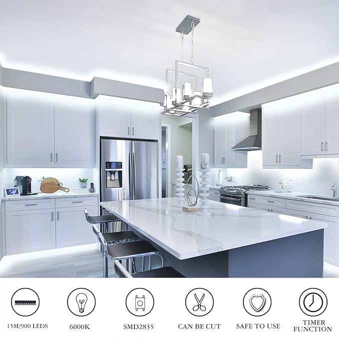 LED Strip Lights 900 LED/50ft, Infrared Remote Control,6000K 12V Daylight White LED Light Strip,Timing Function LED Lights for Under Cabinet, Bedroom, Kitchen