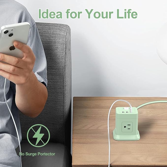 Cube Power Strip, FDTEK 4 Widely Spaced Outlet with 3 USB (1 USB C) Flat Plug Power Strips with Long Extension Cords Space Save Compact Portable for Travel Home Office Cruise - 10FT Green