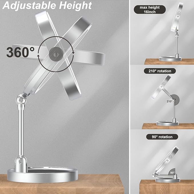 Large Lighted Makeup Mirror, Height Adjustable 8" Rechargeable Foldable Mirrors, 1X/10X Double Sided 3 Color Dimmable Magnifying Mirror, 360° Swivel Touch Screen Tabletop Standing Mirror, Chrome