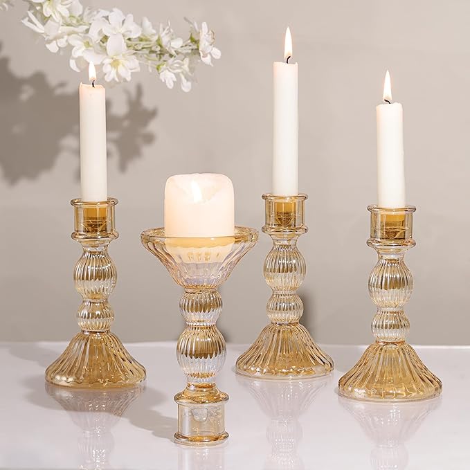 DARJEN Gold Candlestick Holders Set of 4 - Vertical Stripe Glass Candle Holders for Candlesticks and Taper Candles, Taper Candle Holder for Wedding, Party, Home Decor & Table Centerpieces