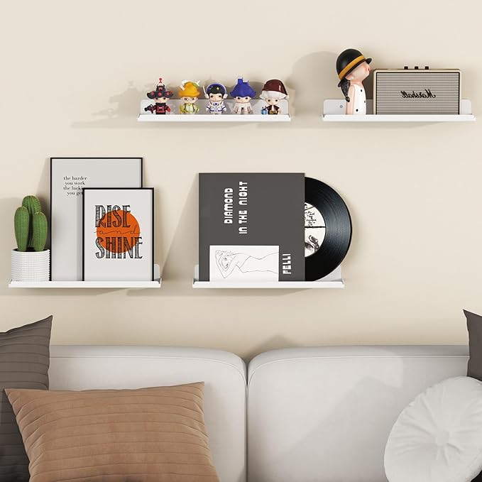 Lifewit Floating Shelves for Wall, 4 Pack White Acrylic Shelf 15" Room Decor for Bookcase/Vinyl Record Display/Photo/Picture in Bedroom, Living Room, Bathroom, Kitchen Storage and Organization