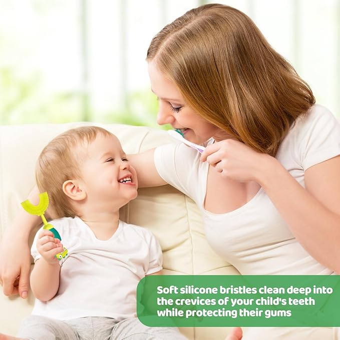 U-Shaped Toothbrush for Kids Ages 2-7， Soft Food-Grade Silicone for Sensitive Gums， 360° Teeth Cleaning Design，Training & Travel-Friendly Toddlers' Toothbrush (Green)