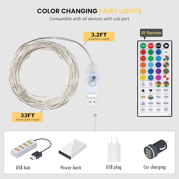 Fairy Lights USB Plug in 33ft 100LEDs with Remote, Warm White 20 Color Changing Light Twinkle Firefly String Lights for Bedroom Party Wedding Christmas Tapestry, Multicolor Colors