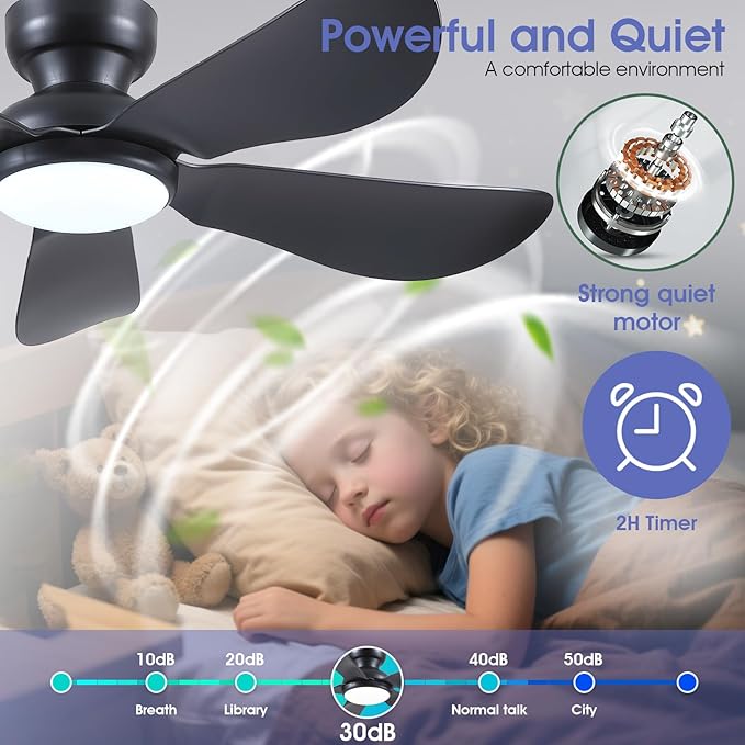 46 Inch Modern Ceiling Fans with Lights, Flush Mount Ceiling Fan with Light and Remote/APP Control, 5 Reversible 6 Speeds Curved Blades, 3 CCT Dimmable Lights for Bedroom, Black