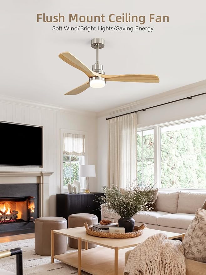 Sofucor 52 Inch Smart Ceiling Fans with Lights and Alexa/Google Assistant/APP/Remote Control-Modern Outdoor 3 Solid Wood Blades Ceiling Fan for Bedroom Living Room Patio, Sandy Nickel&Natural Wood
