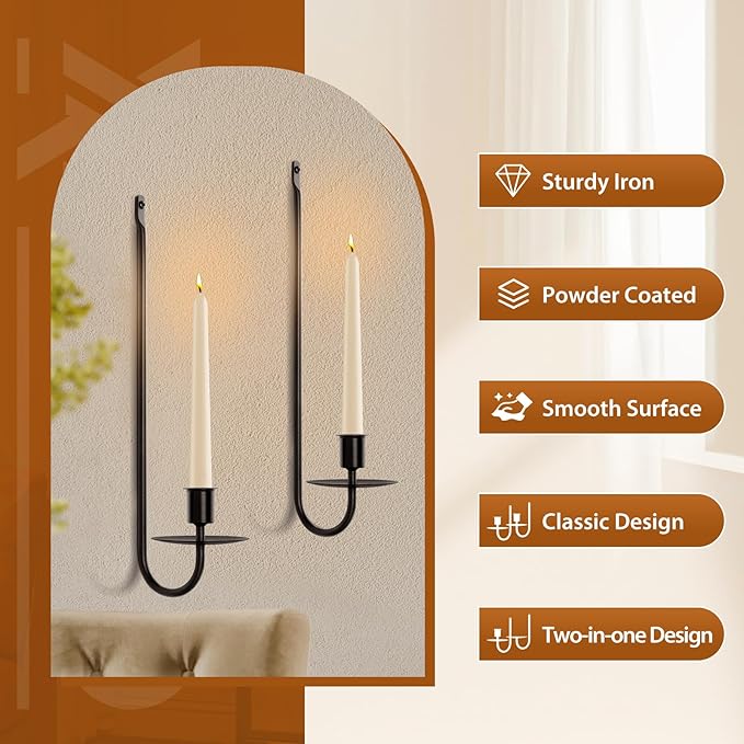 Candle Sconces Set of 2, Taper & Pillar Wall Candle Holder, Black Wall Sconces Set of Two, Decor for Entryway, Stair Corner, Living Room, Gfits for Men Women Mom or Dad