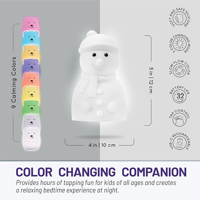 Lumipets Junior Snowman Night Light, Soft Silicone Material, 8 Soothing Colors, Cordless, Easy Control, Portable