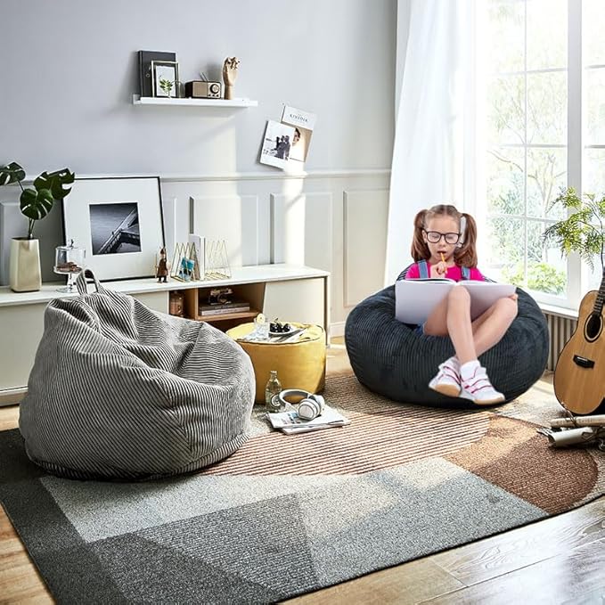 Classic Bean Bag Chair, with Faux Rabbit Fur Cover for Teens and Kids, Memory Foam Bean Bag Chairs, Ultra Soft Faux Fur Fabric, 2.5 feet Round Fluffy Bean Bag Sofa