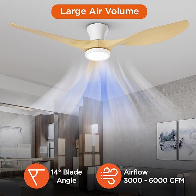 TALOYA 52 inch Ceiling Fans with Lights and Remote, Flush Mount Low Profile Ceiling Fan with Reversible DC Motor ABS Blades for Bedroom Living Room Kitchen Light Oak Finish