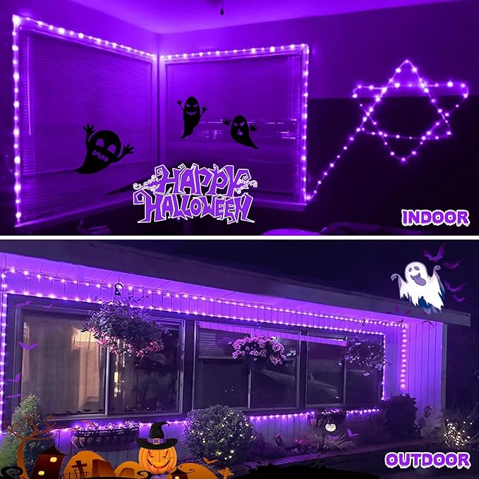 JMEXSUSS 2 Pack Purple Lights Battery Operated Halloween Lights Outdoor Waterproof, Each 33 ft 100 LED Battery Powered Rope Lights, Purple String Light with Remote for Balcony Garden Halloween Decor