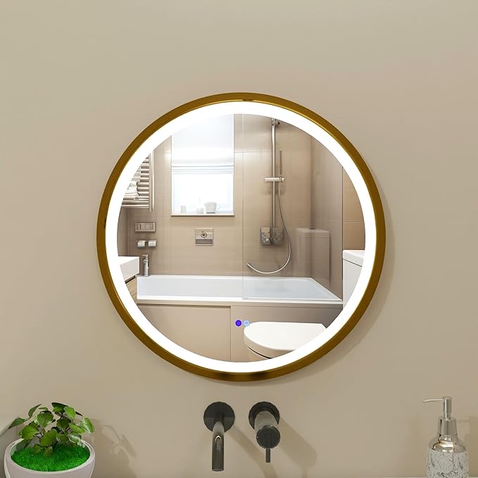 Round LED Mirror 24 Inch for Bathroom, Gold Metal Frame Lighted Vanity Mirror,Wall Mounted Circle with Lights,6000K Anti-Fog & Dimmable Touch Switch