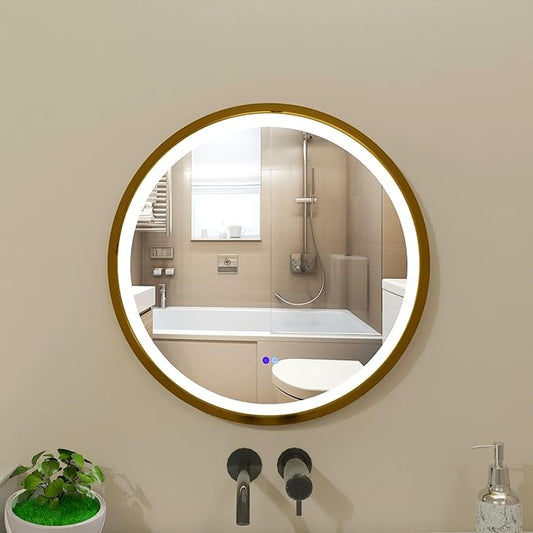 Round LED Mirror 24 Inch for Bathroom, Gold Metal Frame Lighted Vanity Mirror,Wall Mounted Circle with Lights,6000K Anti-Fog & Dimmable Touch Switch