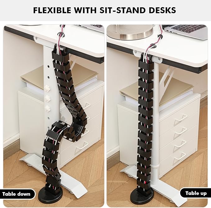Yaomiao 1 Pack Under Desk Vertebrae Cable Management Kit Standing Desk 48'' Adjustable Quad Entry Flexible Cord Organizer with Ties, Stick-on Clips Cable Management Set for Home User Office Worker
