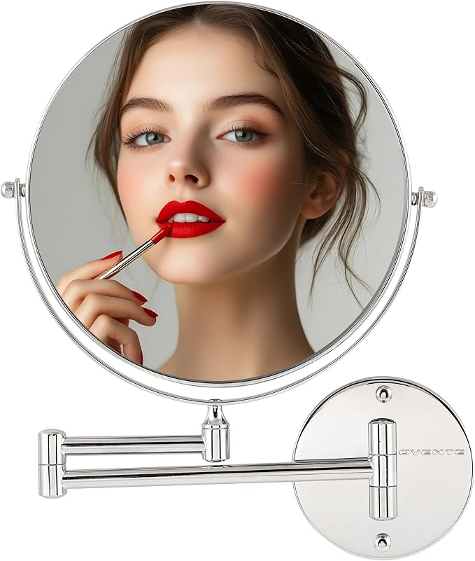 OVENTE 9" Wall Mounted Makeup Mirror with 1X/10X Magnification, Double Sided Magnifying Round Bathroom Vanity Mirror, 360° Swivel Design, Extendable and Folding Arm, Polished Chrome MNLFW90CH1X10X
