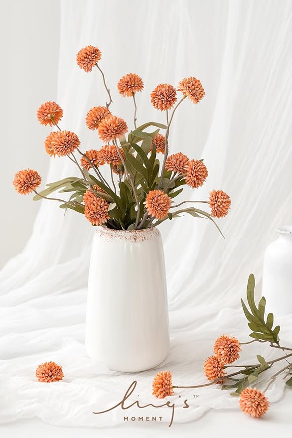 Ling's Moment Pompon Mum Artificial Flower, 5pcs Faux Silk Mini Chrysanth with Stems, Bulk Fake Wedding Filler Flowers for DIY Bouquet Centerpieces Arrangements Shower Decorations, Burnt Orange