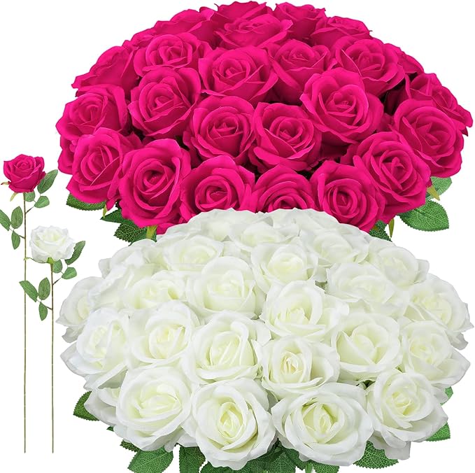 72 Pcs Hot Pink, White Artificial Roses, Bulk Fake Silk Flowers for Wedding Arch, Centerpieces, Vase Filler, Party Decor (36 Pink + 36 White)