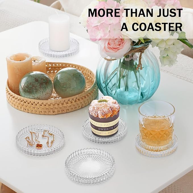 Glass Candle Holders, GOH DODD Set of 8 Crystal Pillar Plates Modern Coasters for Drinks, Centerpiece, Home Decor, Kitchen, Living Room, Patio, Wedding, Halloween, Christmas, Party, Clear