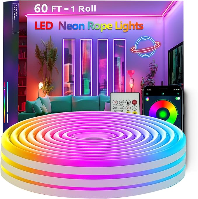 60FT Neon Rope Lights,Flexible Led Rope Light Control with App/Remote,Multiple Modes,Music Sync,IP65 Outdoor RGB Led Strip Lights Waterproof