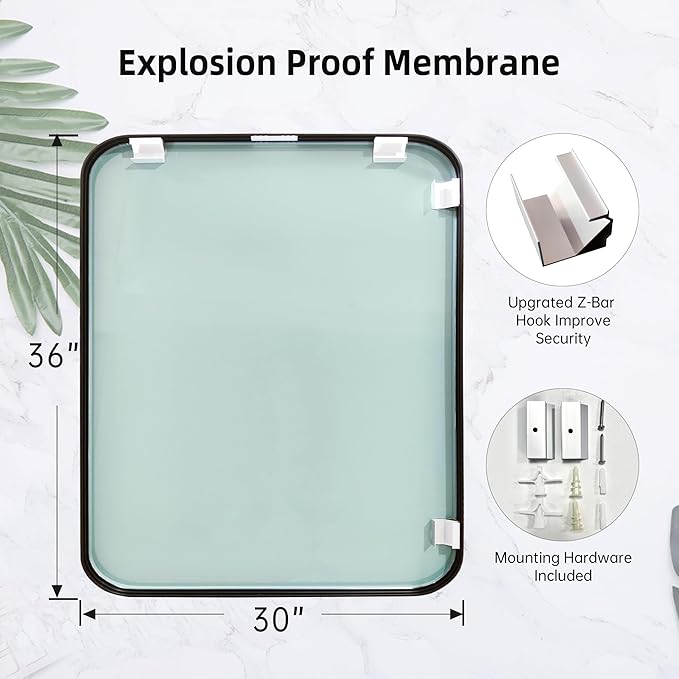 Black Bathroom Mirror for Wall, 30x36 Inch Brushed Matte Black Metal Framed Rectangle Wall Mirror for Bathroom Vanity, Living Room, Bedroom, Farmhouse, Hangs Vertically or Horizontally