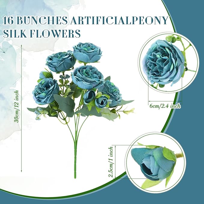 Geosar 16 Bundles Artificial Peonies Flowers Fake Silk Peony Bouquet Faux Peonies Flowers Bulk for Decoration Vase Floral Arrangements Wedding Party Table (Teal)