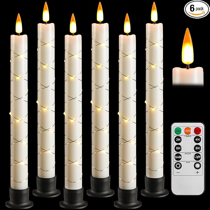 Da by 6 Flameless Window Candles with Remote Control & Timer, Surround String Lights, Battery Powered, 9.6" Christmas Candles, Free 6 Black Bases for Home Décor