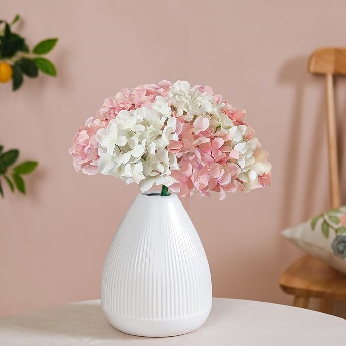 20 Pcs White and Pink Hydrangea Artificial Flowers Bulk, Faux Hydrangea Flowers Heads, Artificial Fake Silk Hydrangea Flowers with Stems, White Flowers Artificial for Decoration Wedding Décor