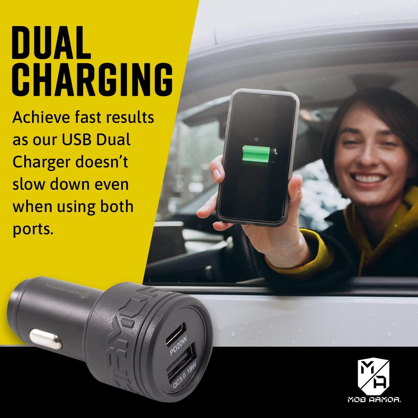 Mob Armor 38W Dual USB Quick-charge USB A + USB C Car Charger - Fast Charging Adapter for Car Phone Charger - Black