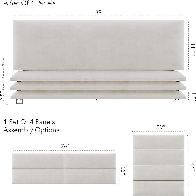 Vänt Upholstered Wall Panels - King/Cal King Size Wall Mounted Headboards - Micro Suede Neutral Sand - Twin/King - Set of 4 Panels (Each Individual Panel 39"x11.5")